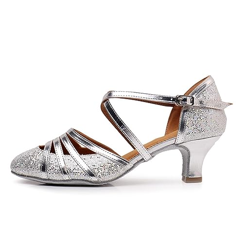 Rosefinch Damen Latein Salsa Tanzschuhe Geschlossene Zehe Mode Tango Cha-Cha Ballroom Performence Tanzschuhe Silber 5cm Absatz 34 EU von Rosefinch