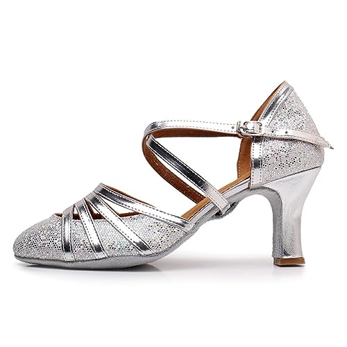 Rosefinch Damen Latein Salsa Tanzschuhe Geschlossene Zehe Mode Tango Cha-Cha Ballroom Performence Tanzschuhe Silber 7cm Absatz 38 EU von Rosefinch