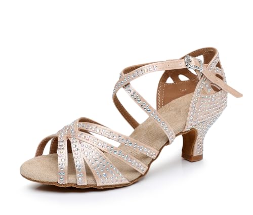 Rosefinch Damen Latein-Tanz-Strass-Schuhe,weiche Unterseite,Moderne Pole-Dance-Ballsaal-Tanz-Hochzeitsschuhe,Latein-Schuhe für Mädchen und Damen,Beige 5cm Absatz 34EU von Rosefinch