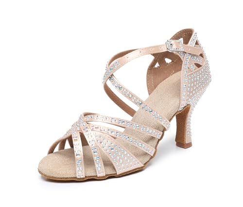 Rosefinch Damen Latein-Tanz-Strass-Schuhe,weiche Unterseite,Moderne Pole-Dance-Ballsaal-Tanz-Hochzeitsschuhe,Latein-Schuhe für Mädchen und Damen,Beige 7cm Absatz 35EU von Rosefinch