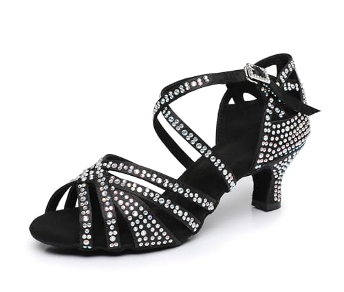 Rosefinch Damen Latein-Tanz-Strass-Schuhe,weiche Unterseite,Moderne Pole-Dance-Ballsaal-Tanz-Hochzeitsschuhe,Latein-Schuhe für Mädchen und Damen,Schwarz 5cm Absatz 36EU von Rosefinch