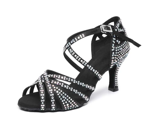 Rosefinch Damen Latein-Tanz-Strass-Schuhe,weiche Unterseite,Moderne Pole-Dance-Ballsaal-Tanz-Hochzeitsschuhe,Latein-Schuhe für Mädchen und Damen,Schwarz 7cm Absatz 34EU von Rosefinch