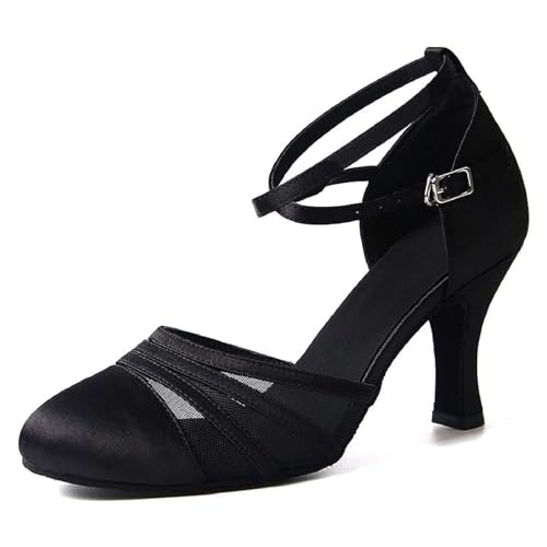 Rosefinch Damen Latin Tanzschuh Salsa Satin Mesh Ballsaal Party Performance Praxis Tanzschuh Schwarz 7cm Absatz 37EU von Rosefinch