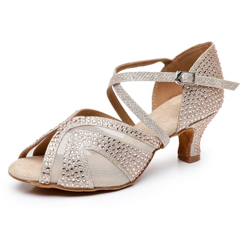 Rosefinch Damen Latin Tanzschuhe Ballsaal Salsa Performance Strass Tanzschuhe Hochzeit Party Gold 5cm Absatz 38EU von Rosefinch
