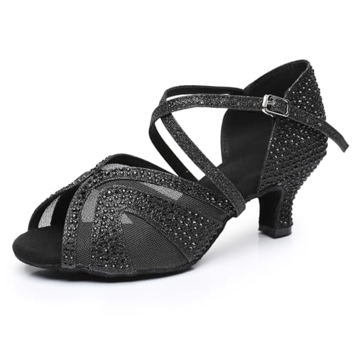 Rosefinch Damen Latin Tanzschuhe Ballsaal Salsa Performance Strass Tanzschuhe Hochzeit Party Schwarz 5cm Absatz 39EU von Rosefinch