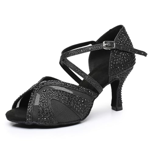 Rosefinch Damen Latin Tanzschuhe Ballsaal Salsa Performance Strass Tanzschuhe Hochzeit Party Schwarz 7cm Absatz 40EU von Rosefinch