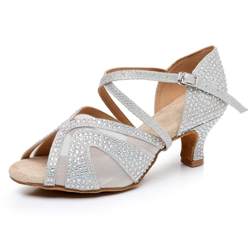 Rosefinch Damen Latin Tanzschuhe Ballsaal Salsa Performance Strass Tanzschuhe Hochzeit Party Silber 5cm Absatz 35EU von Rosefinch