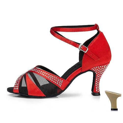 Rosefinch Damen Latin Tanzschuhe Satin und Strass Ballsaal Salsa Tango Performance Tanzschuhe Bachata Walzer Roter 5cm Absatz 40 EU von Rosefinch