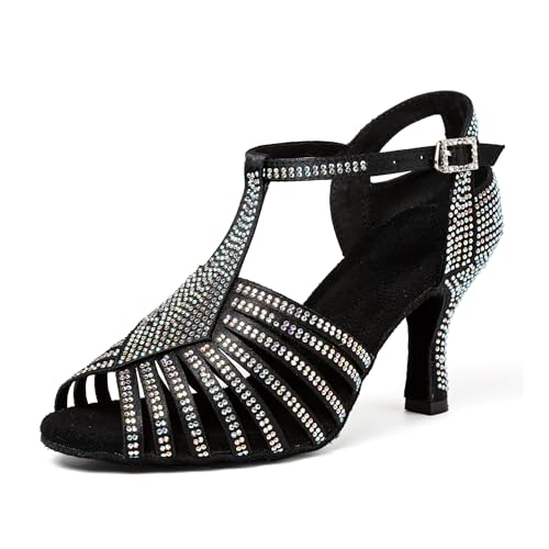 Rosefinch Damen Tanzsandalen Latin Salsa - Professionelle Turnier Tanzschuhe mit Strasssteinen für Salon & Ballsaal, Offene Zehen, Schwarz 7cm Absatzhöhe, 42EU von Rosefinch