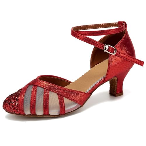 Rosefinch Latein Tanzschuhe für Damen Pailletten Netz Salsa Tango Praxis Leistung Tanzschuhe Rot 5cm Absatz 41EU von Rosefinch