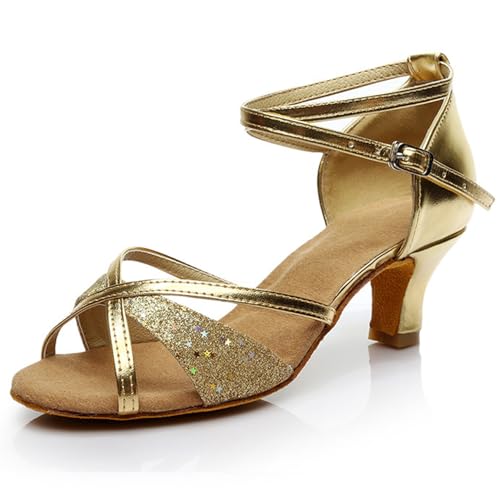 Rosefinch Latein Tanzschuhe für Damen Professionelle Ballsaal Salsa Chacha Performance Tanzschuhe Gold 5cm Absatz 36EU von Rosefinch