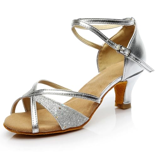 Rosefinch Latein Tanzschuhe für Damen Professionelle Ballsaal Salsa Chacha Performance Tanzschuhe Silber 5cm Absatz 38EU von Rosefinch