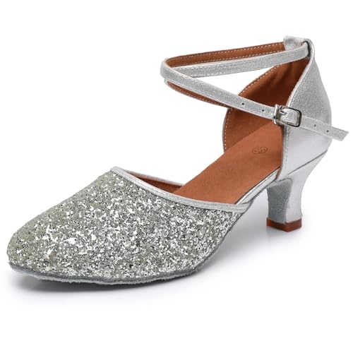 Rosefinch Latein Tanzschuhe für Damen Salsa Bachata Ballsaal Professionelle Performance Tanzschuhe Silber 5cm Absatz 41EU von Rosefinch