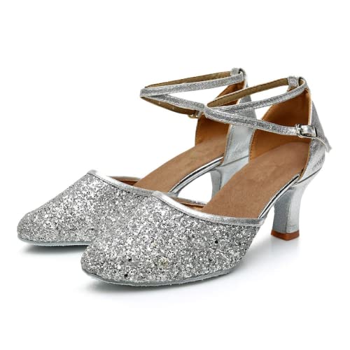 Rosefinch Latein Tanzschuhe für Damen Salsa Bachata Ballsaal Professionelle Performance Tanzschuhe Silber 7cm Absatz 40EU von Rosefinch