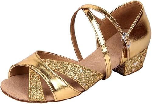 Rosefinch Latein Tanzschuhe für Frauen Niedrige Absätze 3,5 cm für Mädchen Pailletten Tango Walzer Samba Salsa Rumba Weicher Boden Tanzschuhe, Gold 28EU von Rosefinch