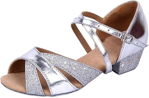 Rosefinch Latein Tanzschuhe für Frauen Niedrige Absätze 3,5 cm für Mädchen Pailletten Tango Walzer Samba Salsa Rumba Weicher Boden Tanzschuhe, Silber 33EU von Rosefinch