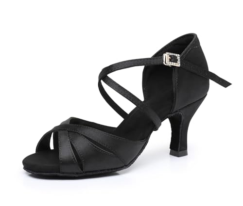 Rosefinch Latein Tanzschuhe für Frauen Weiche Sohle Strass-Schnalle Salsa Ballroom Performance Schuhe Professionelle Praxis Tanzschuhe 7cm Absatz, Schwarz 34EU von Rosefinch