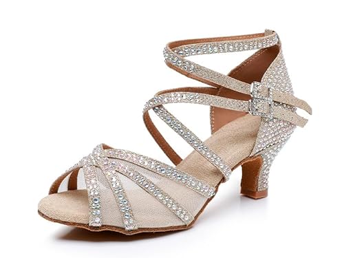 Rosefinch Lateinamerikanische Tanzschuhe mit Strasssteinen, Salsa für Damen/Mädchen, Weiche Sohlen, Goldene 5cm Absatz, 40 EU von Rosefinch