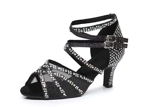 Rosefinch Lateinamerikanische Tanzschuhe Mit Strasssteinen, Salsa-Schuhe für Damen/Mädchen, Weiche Sohlen, Schwarz, Absatz 5cm, 38 EU von Rosefinch