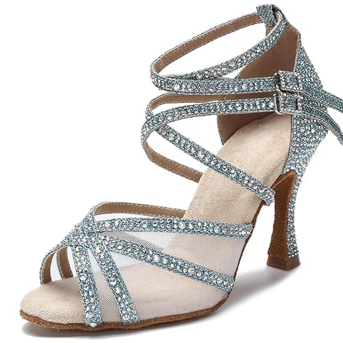 Rosefinch Lateinamerikanische Tanzschuhe mit Strasssteinen, Salsa-Tanzschuhe für Damen/Mädchen, weiche Sohlen, Cyan, 7cm Absatz, 38 EU von Rosefinch