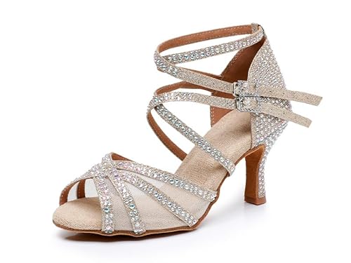 Rosefinch Lateinamerikanische Tanzschuhe mit Strasssteinen, Salsa-Tanzschuhe für Damen/Mädchen, weiche Sohlen, Goldene 7cm Absatz, 35 EU von Rosefinch