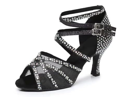 Rosefinch Lateinamerikanische Tanzschuhe mit Strasssteinen, Salsa-Tanzschuhe für Damen/Mädchen, weiche Sohlen, Schwarz, Absatz 7cm, 36 EU von Rosefinch