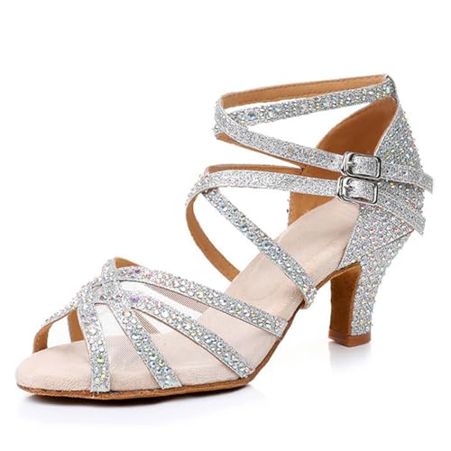 Rosefinch Lateinamerikanische Tanzschuhe mit Strasssteinen,Salsa-Tanzschuhe für Damen/Mädchen,weiche Sohlen,Tanzschuhe,Silberne 5cm Absatz,34 EU von Rosefinch
