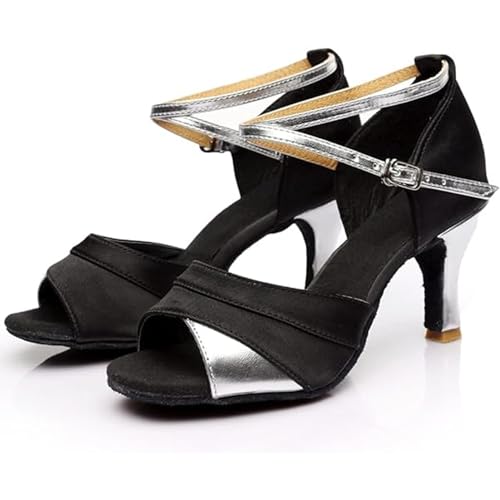 Rosefinch Lateinische Tanzschuhe für Damen Ballroom Party Salsa Praxis Leistung Halb offene Zehe Tanzschuhe Silber 7cm Absatz 37EU von Rosefinch