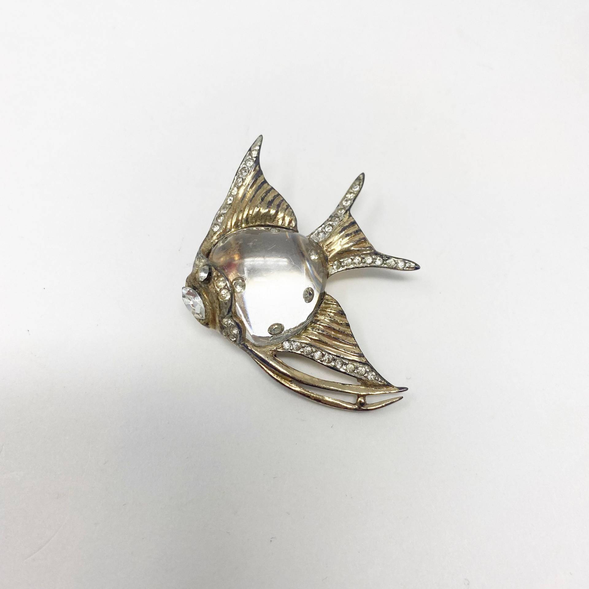 555 Vintage Coro Sterling Jelly Belly Brosche. Pelzclip. Klarer Bauch Fisch Pin. 1940Er Jahre Gold Vermeil Angel Fish von Rosehillfinds