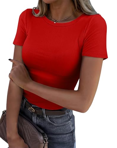 Roselux Damen Rundhals Geripptes enges T-Shirt Kurzarm Shirt Basic Knit Top, Rot/Ausflug, einfarbig (Getaway Solids), X-Groß von Roselux