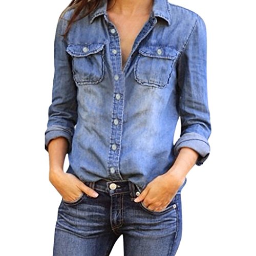 Damen Jeanshemd Rosennie Frauen Mode Casual Hemd Blue Jean Denim Langarm Shirt Tops Bluse Jacke Womens Jeansbluse Hemdbluse Langarmbluse Jeansjacke Frühling Sommer Oberteile Streetwear (Blau, M) von Rosennie_Bluse