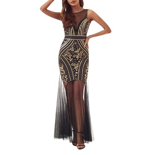 1920Er Kleider Damen Boho Kleid Damen Kleid Leopardenmuster Damen Langes Kleid Damen Sommer Ballkleider Damen Lang Party Kleider Damen Rosa Kleid (Gold, L) von Rosennie