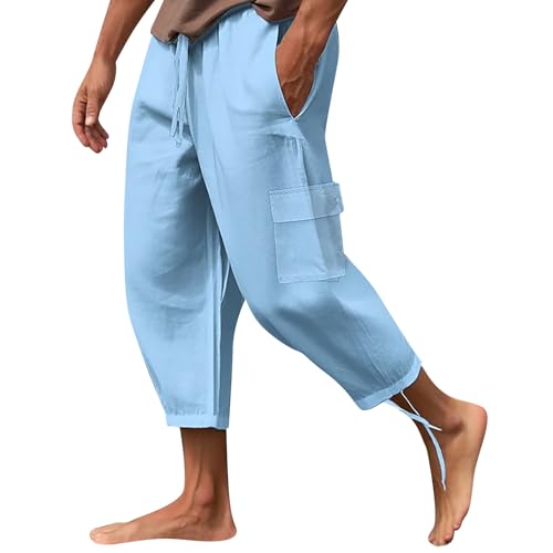 Angebote des Tages Heute Leinenhose Herren Kurz Herren Jeans Regular Fit Cargo Hosen Einfarbiges Stretch Stoffhose Tunnelzug Laufhose Leicht Freizeithose Herren Hose (Hellblau, XL) von Rosennie