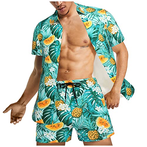 Arbeits T-Shirt Herren Herren Hemd Slim Fit Langarm Langarmshirt Herren Anana Druck Hawaii Hemd Stretch Badeshorts Zweiteiliges Sets Sommer 2 Teiliges Set Freizeitanzug T Shirt Weiß (Cyan, L) von Rosennie