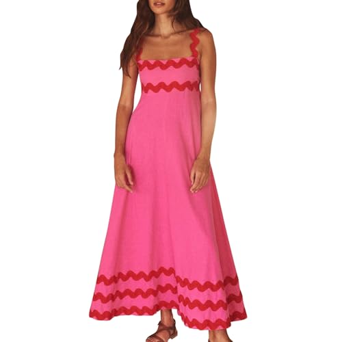 Ballkleider Damen Lang Barock Kleid Damen Erstkommunion Kleid Vintage Blumen Bedruckt Spaghetti Hawaii Kleid Ärmellos Maxikleid Rückenfrei Sommerkleid Lang Partykleid (Hot Pink, L) von Rosennie