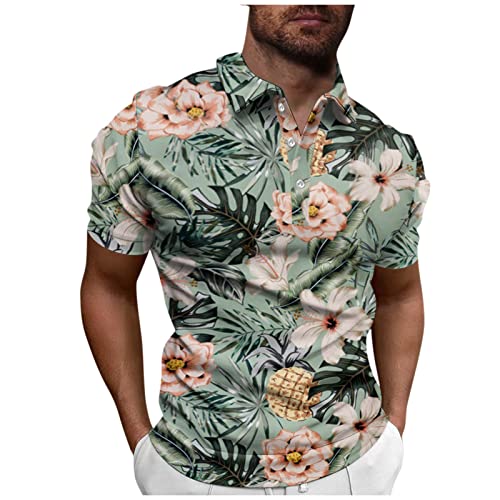 Basic Tshirt Herren Hawaii Hemd Männer Baumwolle Poloshirt V-Ausschnitt Blumen Bedruckt Knopfleiste T Shirt Tailliert Golf Shirt Kurzarm Henley Shirt Basic Arbeits T Shirt Tshirt Weiss (Minzgrün 3XL) von Rosennie