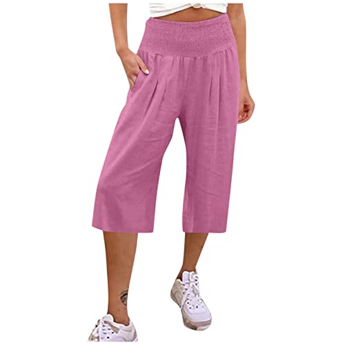 Cargohose Damen Baggy Elegante Hose Damen Leichte Sommerhose, Damen Einfarbig High Waist Palazzo Hose Mit Taschen Locker Bauchweg Hose 3/4 Hosen Sommerhosen Damen Hose (Hot Pink, L) von Rosennie