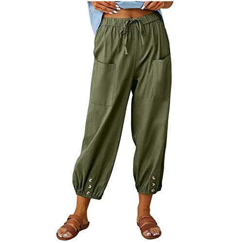 Chino Damen Hose Damen Hosen Stretch Weiße Hose Damen Einfarbig Elastische Taille Leinenhose Mit Taschen High Waist Tunnelzug Haremshose Cargohose Damen (Armeegrün, XL) von Rosennie