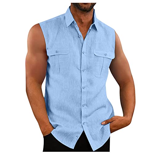 Compression Shirt Herren Hemd Herren Regular Fit Polohemd Herren Revers Einfarbiges Knopfleiste Tank Top Ärmellos Baumwoll Leinen Sommerhemd Mit Brusttasche Basic T Shirt Poloshirt Schwarz Himmelblau von Rosennie