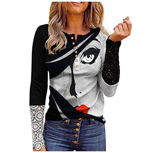 Damen Spitze Patchwork Langarm T-Shirts Langarm V-Ausschnitt Bedrucktes T-Shirt Herbst Neu Damen Slim Langarm Pulli Sweats Frühling und Herbst Frauen Farbblock Langarm Tunika Shirts T-Shirt von Rosennie