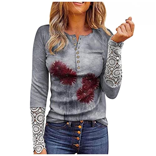 Damen Spitze Patchwork Langarm T-Shirts Langarm V-Ausschnitt Bedrucktes T-Shirt Herbst Neu Damen Slim Langarm Pulli Sweats Frühling und Herbst Frauen Farbblock Langarm Tunika Shirts T-Shirt von Rosennie