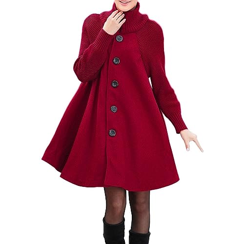 Damen Wintermantel Sweatjacke Mit Kapuze Ohne Kapuze Elegantrollkragen Einfarbig Lang Strickmantel Mit Knopf A-Linien Oversize Mantel (Rot, M) von Rosennie