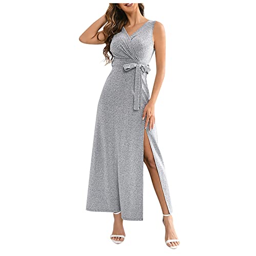 Etuikleid Damen Satinkleid Satin Kleid V-Ausschnitt Einfarbiges Pailletten Cocktailkleid Mit Schlitz Ärmellos A Linien Bleistiftkleid Mit Gürtel Sommerkleid Weißes (Silber, XL) von Rosennie