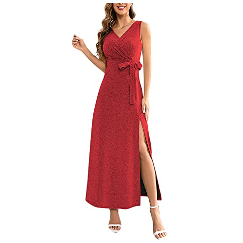 Festliche Kleider Für Damen Weißese Kleider Kleider Rot V-Ausschnitt Einfarbiges Pailletten Cocktailkleid Mit Schlitz Ärmellos A Linien Bleistiftkleid Mit Gürtel Sommer Kleider (Rot, XXL) von Rosennie