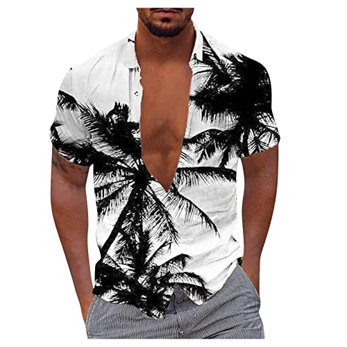 Fitness Shirt Herren Hemd Schwarz Herren Polo Shirt Stehkragen Knopfleiste Musterdruck Hawaii Hemd Kurzarm Klassischer Passform Sommerhemd Basic Strandhemd Herren Hemden (Weiß, 3XL) von Rosennie