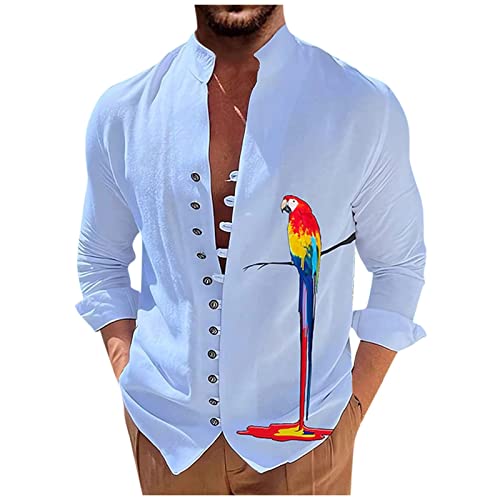 Fitness T Shirt Herren Freizeithemden Für Herren Haiwaii Hemd Stehkragen Papagei Druck Knopfleiste Hemd Langarm Loose Fit Sommerhemd Baumwoll Leinen Henley Shirt Hawaii Hemd (Himmelblau, XXL) von Rosennie