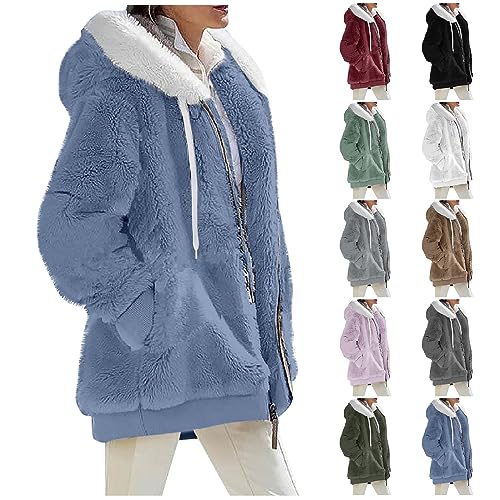 Fleecejacke Damen,Zip up Winterjacke Farbblock Teddy Fleece Mantel Warm Gefüttert Kapuzenpullover mit Reißverschluss Flauschig Plüschjacke Sweatshirt mit Kapuze Oversize Kapuzenjacke mit Taschen von Rosennie