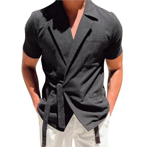 Funktionsshirt Herren Business Hemd Herren Weißes Tshirt Revers Einfarbig Kurzarm Leinenjacke Frühling Leinen Shirt Offener Vorderseite Sommer Jacke Holzfällerhemd (Schwarz, 5XL) von Rosennie