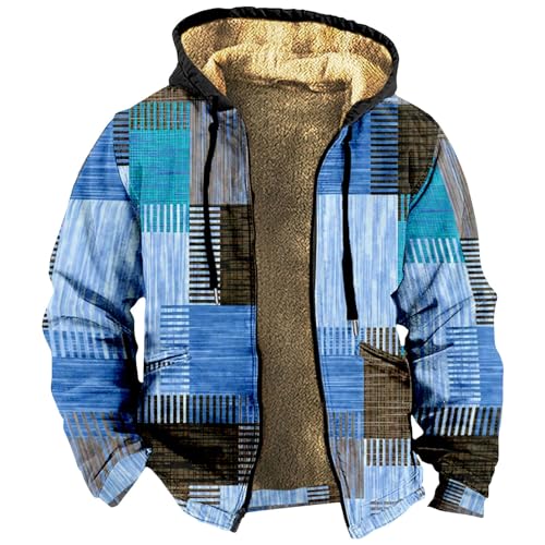 Gefütterte Jacke Herren Kariertes Druck Vintage Winterjacke Warme Sweatjacke Mit Kapuze Dicken Fleece Jacke Kapuzenjacke Mit Reißverschluss Oversized Hoodie Basic Übergangsjacke Outdoor Jacke von Rosennie