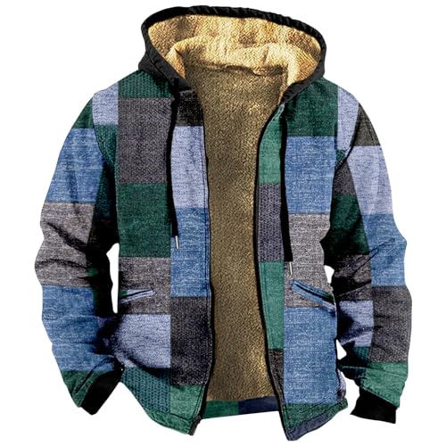 Gefütterte Jacke Herren Kariertes Druck Vintage Winterjacke Warme Sweatjacke Mit Kapuze Dicken Fleece Jacke Kapuzenjacke Mit Reißverschluss Oversized Hoodie Basic Übergangsjacke Outdoor Jacke von Rosennie